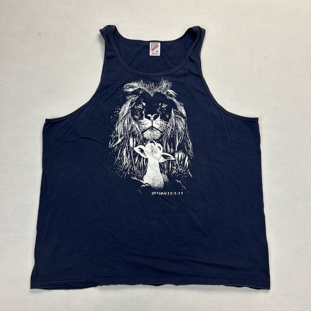 Vintage Jerzees Isaiah 11:1-11 Lion Lamb Tank Muscle Tee Men's XL Blue Casual